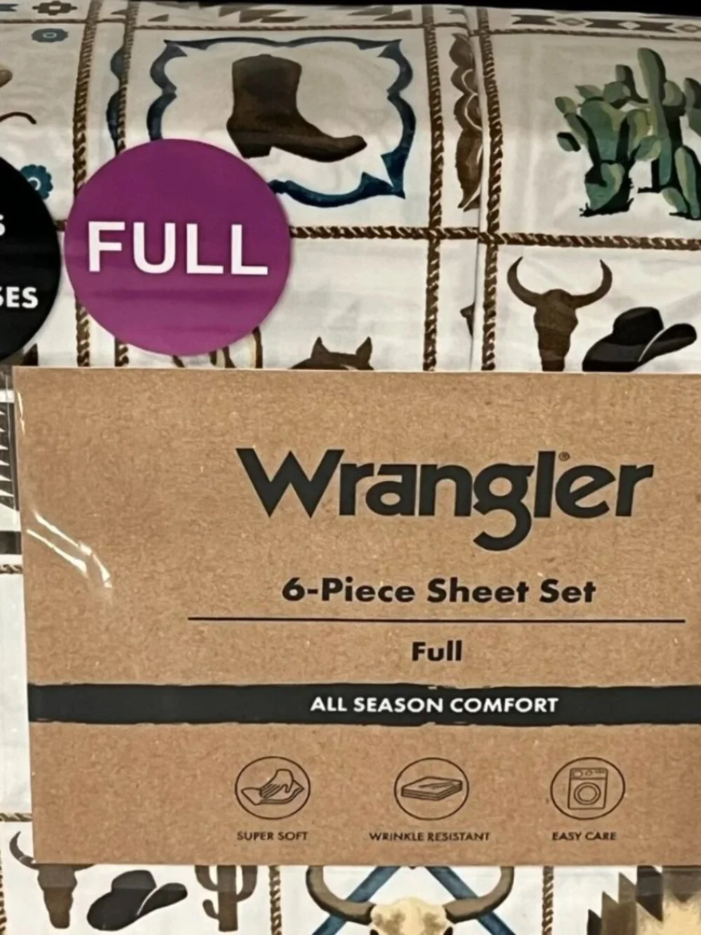 WRANGLER FULL Sheet Set 6pc New White Brown Tiles Western Cowboy Boots Hat Horse